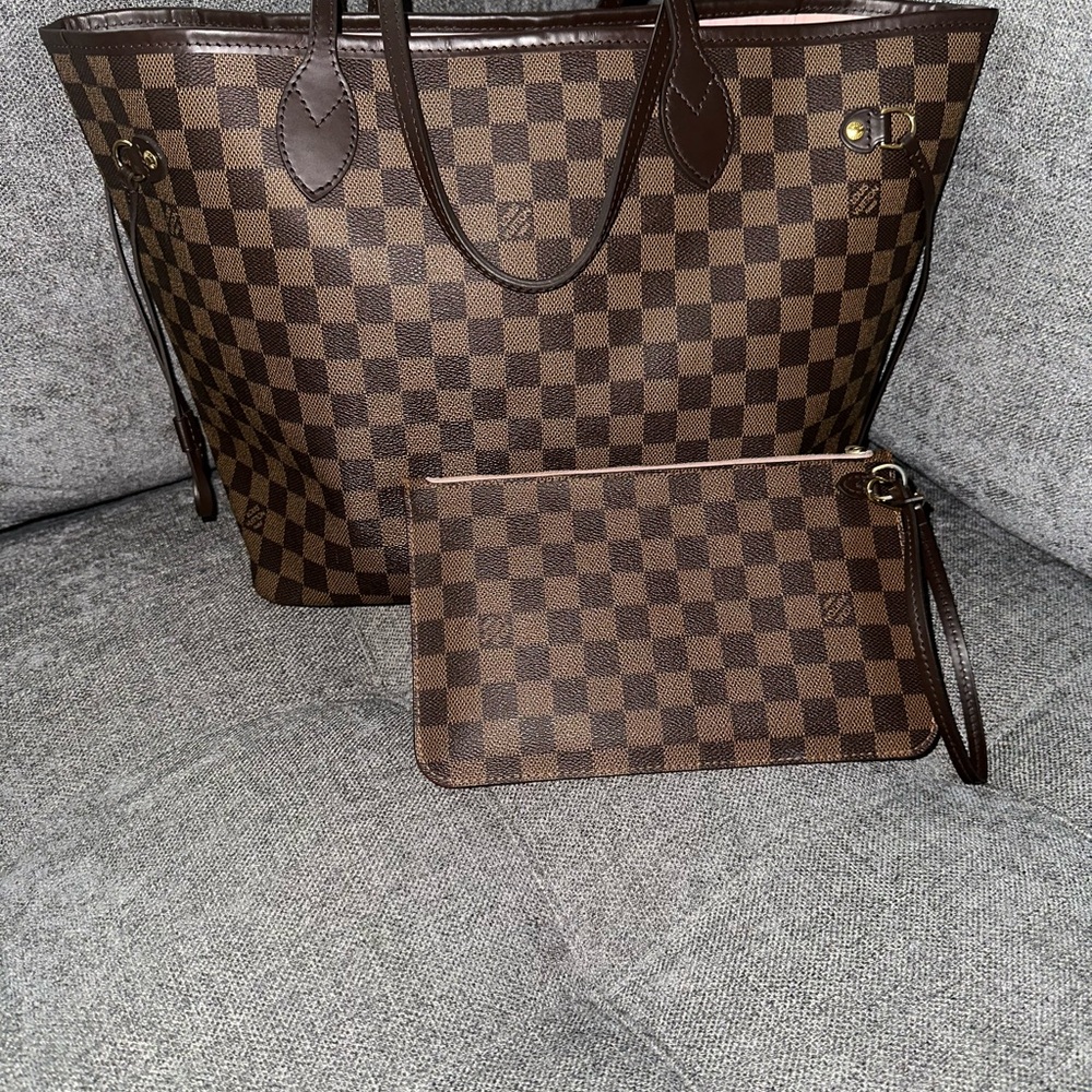 Louis Vuitton Brown Checkered Neverfull Tote with Wristlet
